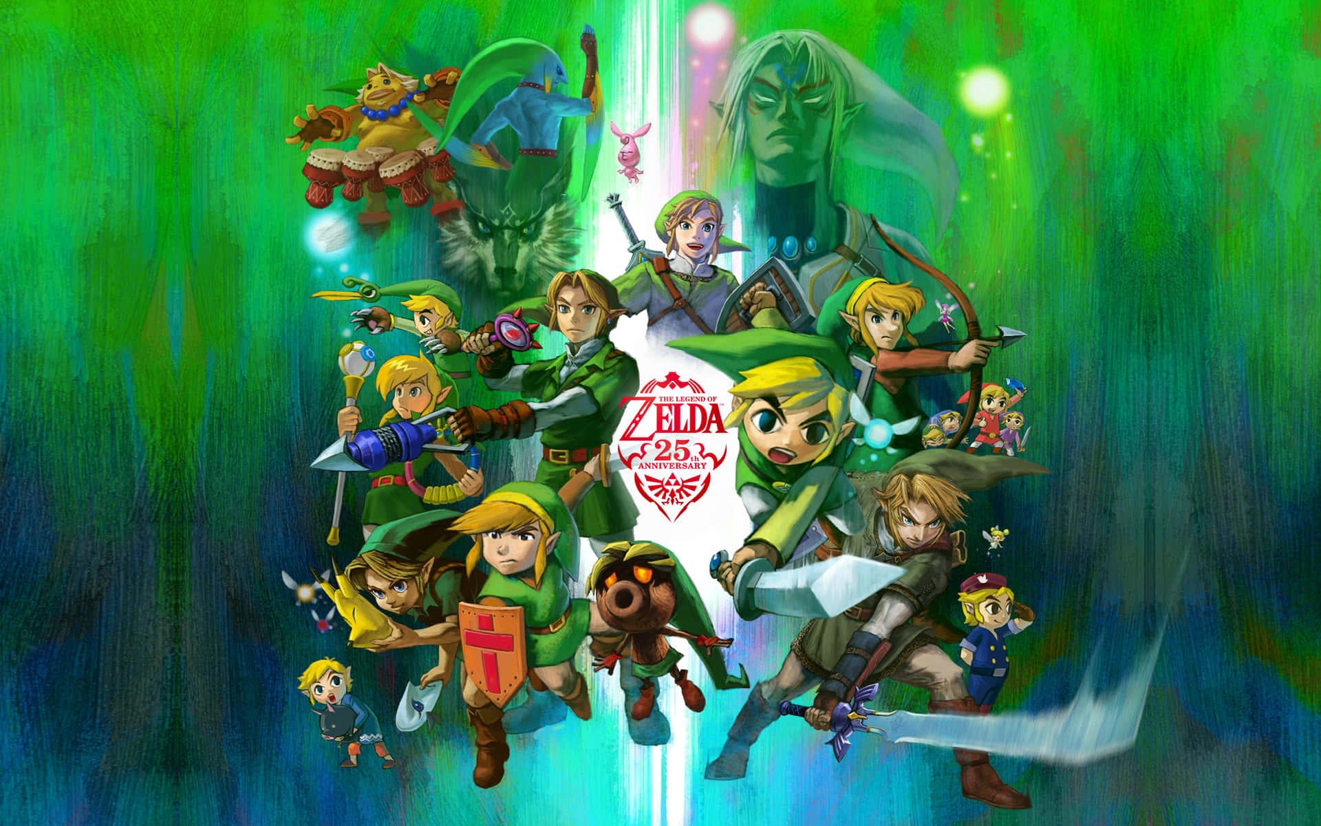 Toon Link 桌布 壁紙 — 一幅充滿活力的數位藝術拼貼畫，以綠色和藍色色調描繪薩爾達傳說角色，慶祝25週年，展現動態姿勢和發光效果。