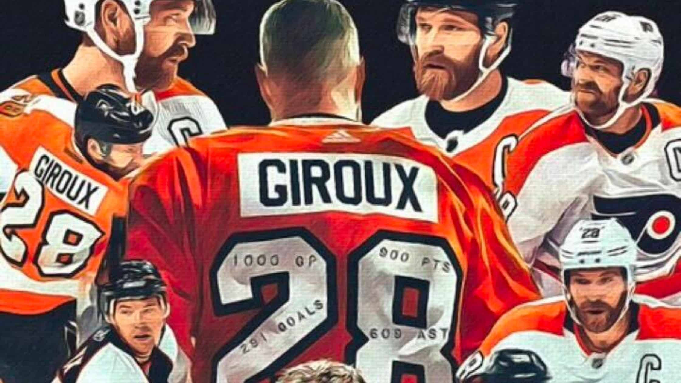 運動 桌布 壁紙 — 一幅充滿活力的數位藝術拼貼畫，慶祝冰球運動員 Claude Giroux，展示他的球衣統計數據和隊友的動作姿勢。