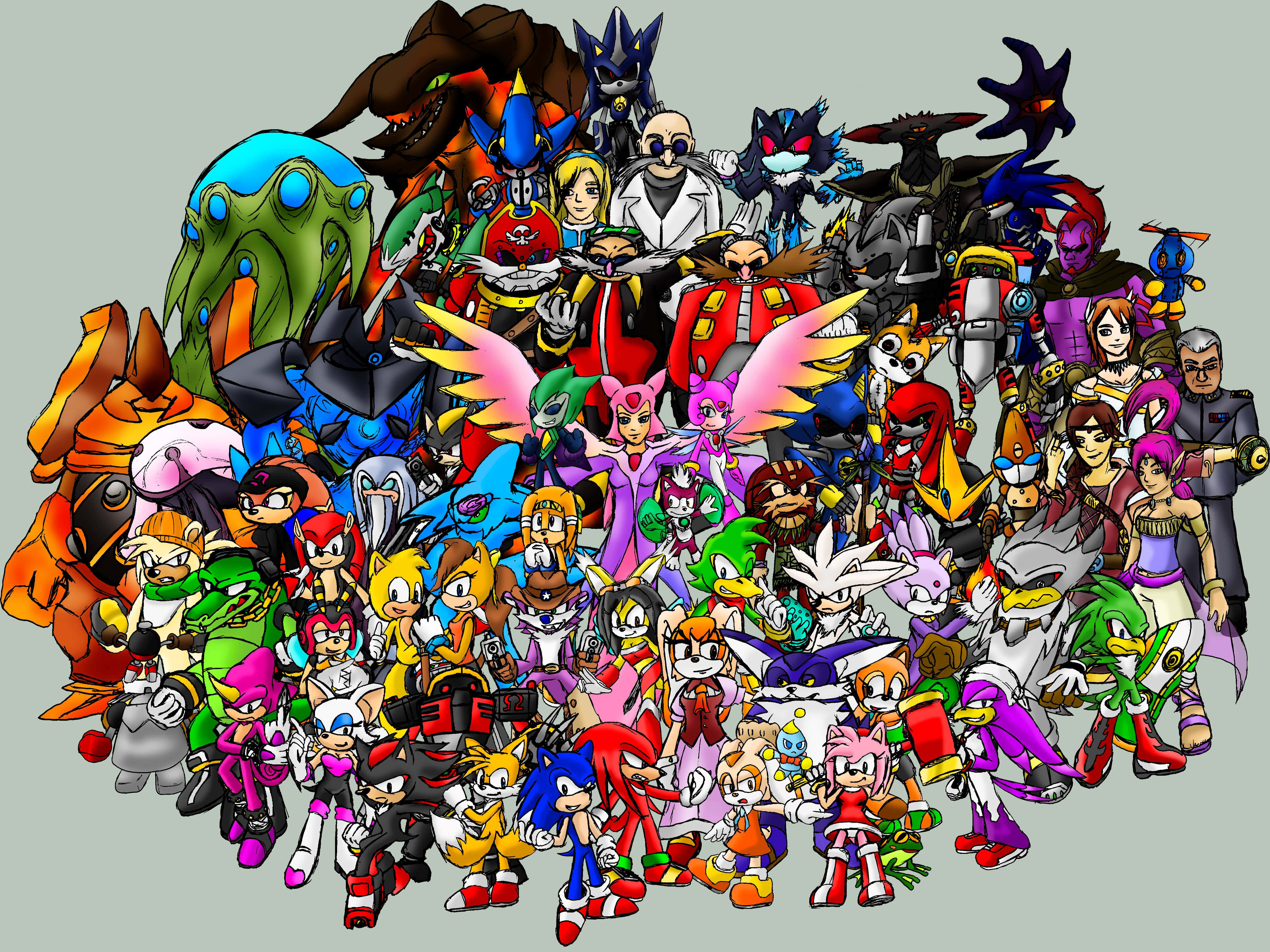 Sonic Characters 桌布 壁紙 — 一幅充滿活力的數位藝術拼貼畫，描繪了數十個音速小子角色在純灰色背景上擺出動態姿勢。