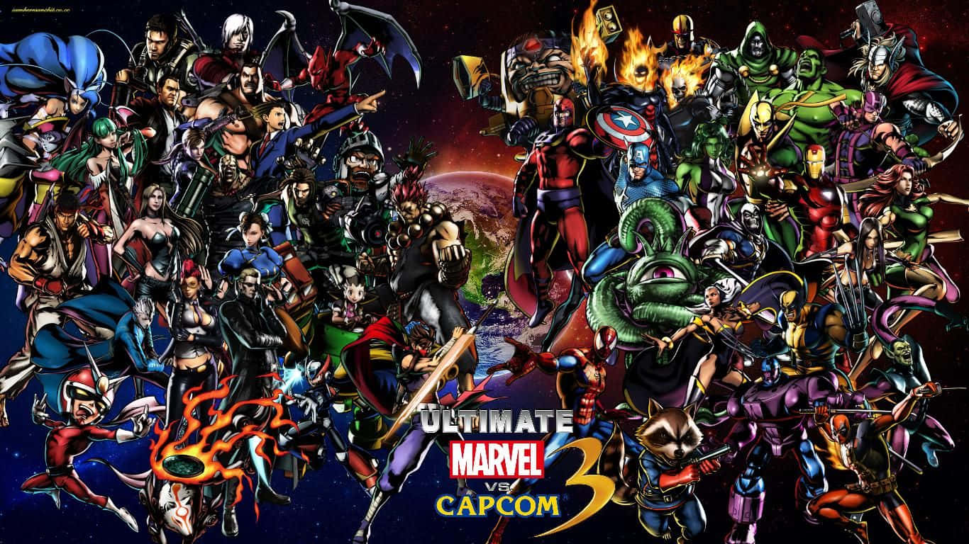 1366x768 Marvel 桌布 壁紙 — 一幅充滿活力的數位藝術拼貼畫，描繪了Marvel和Capcom的標誌性角色在宇宙背景下動態擺姿勢。