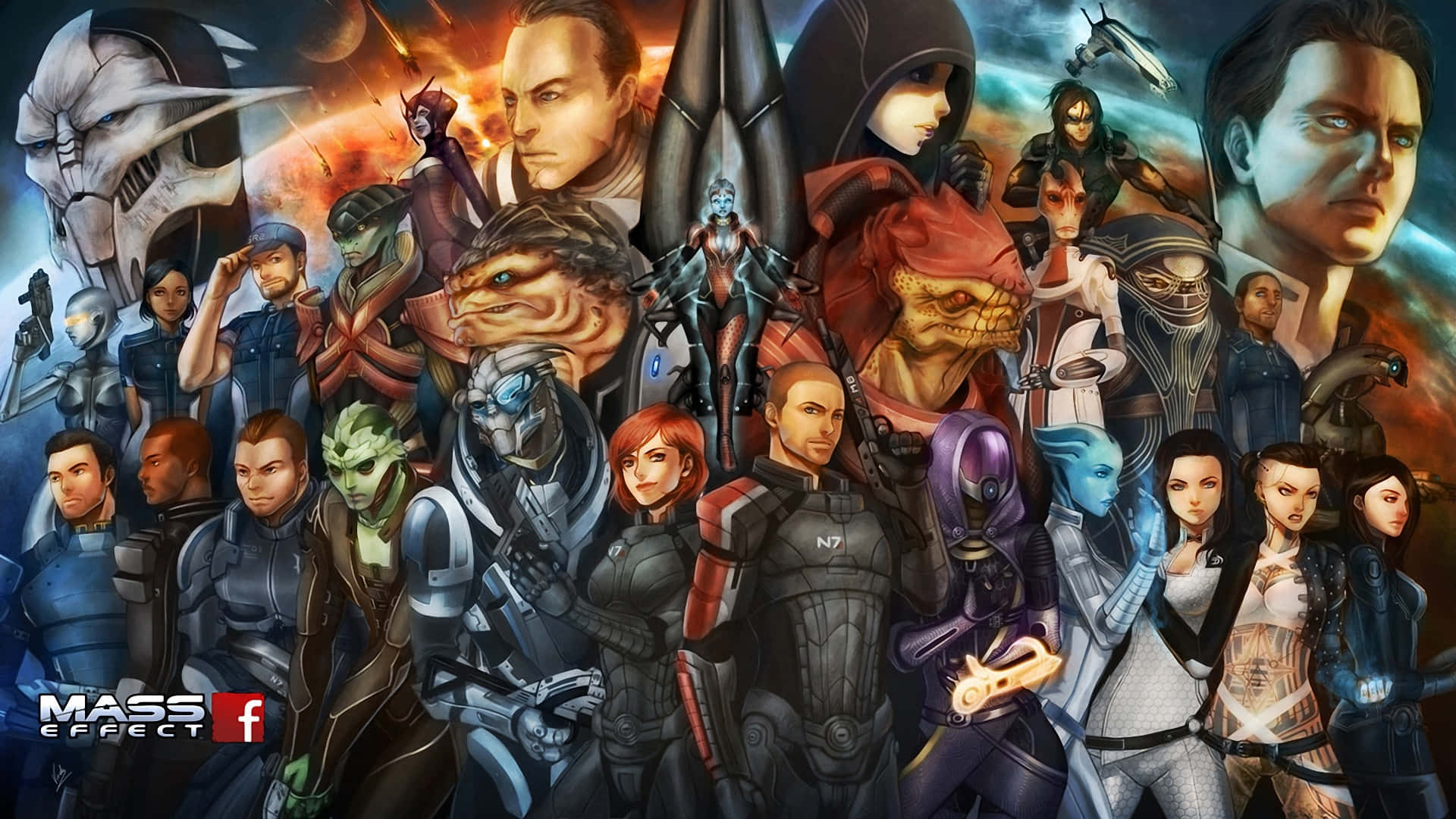 Mass Effect Characters 桌布 壁紙 — 一幅充滿活力的數位藝術拼貼畫，描繪了《質量效應》中多樣化的科幻角色，背景是宇宙背景，伴有熾熱的爆炸和外星行星。