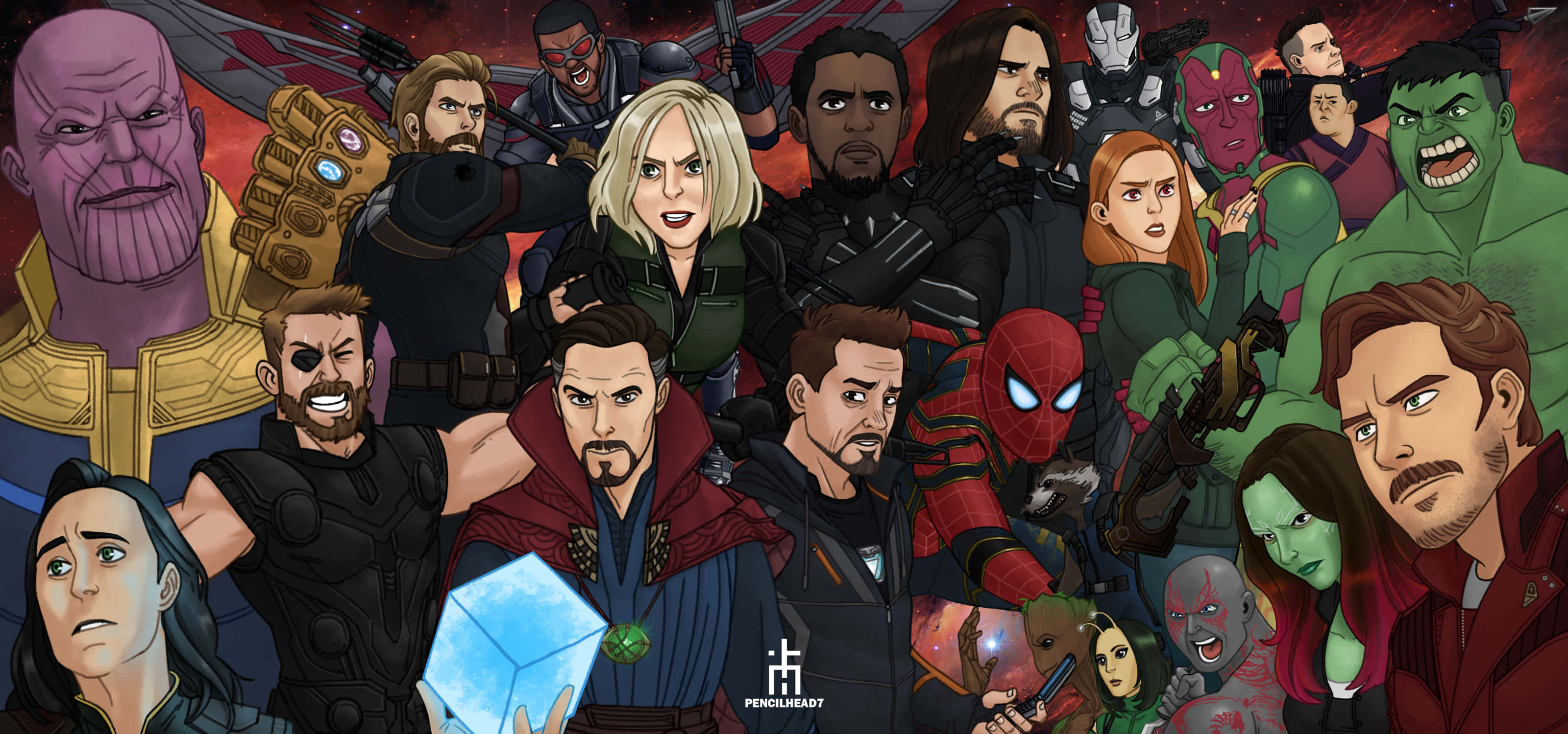 infinity war 桌布 壁紙 — 一幅充滿活力的數位藝術拼貼畫，描繪漫威超級英雄和反派在宇宙紅色和橙色星雲背景下戲劇性地擺出姿勢。