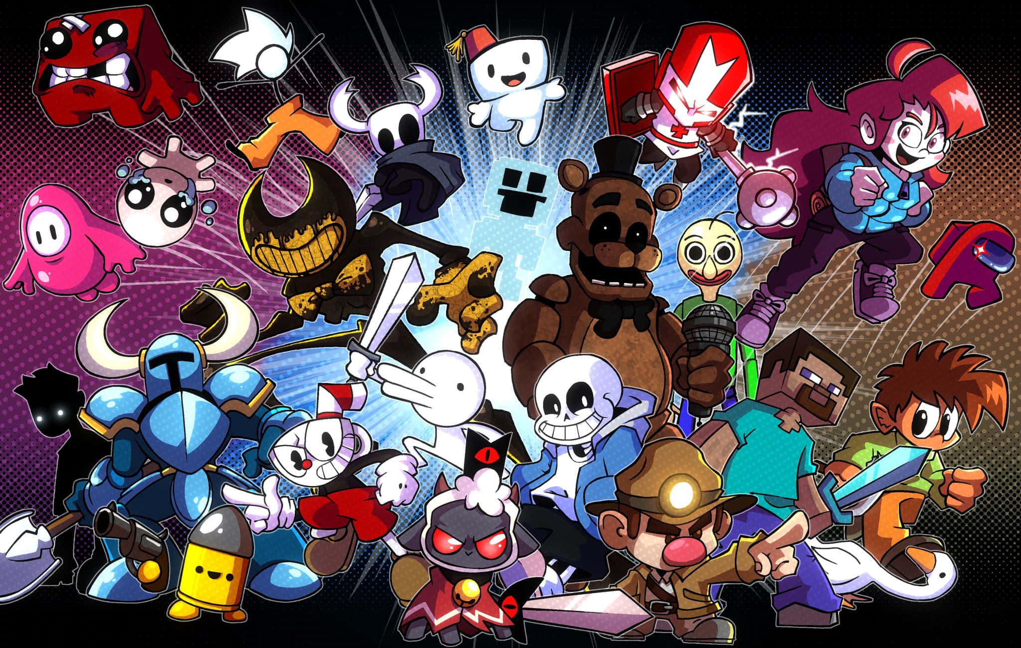 Indie Games 桌布 壁紙 — 一幅充滿活力的數位藝術拼貼畫，描繪了標誌性遊戲角色在動態紫色和藍色背景下迸發能量。
