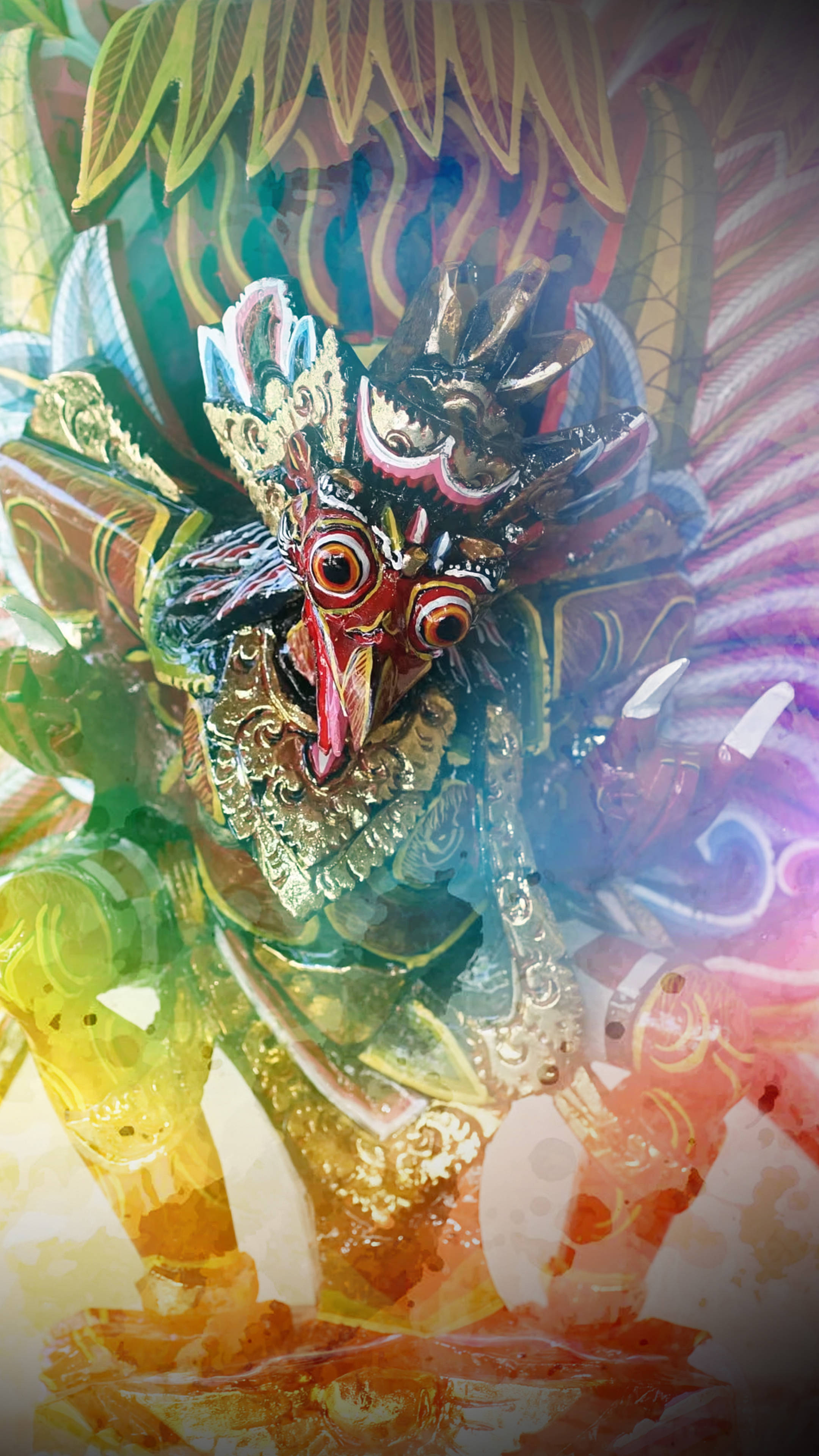 神 桌布 壁紙 — 一幅充滿活力的數位藝術描繪，展示神話中的峇里島巴龍生物，飾有華麗的金色盔甲和流動的彩虹翅膀。