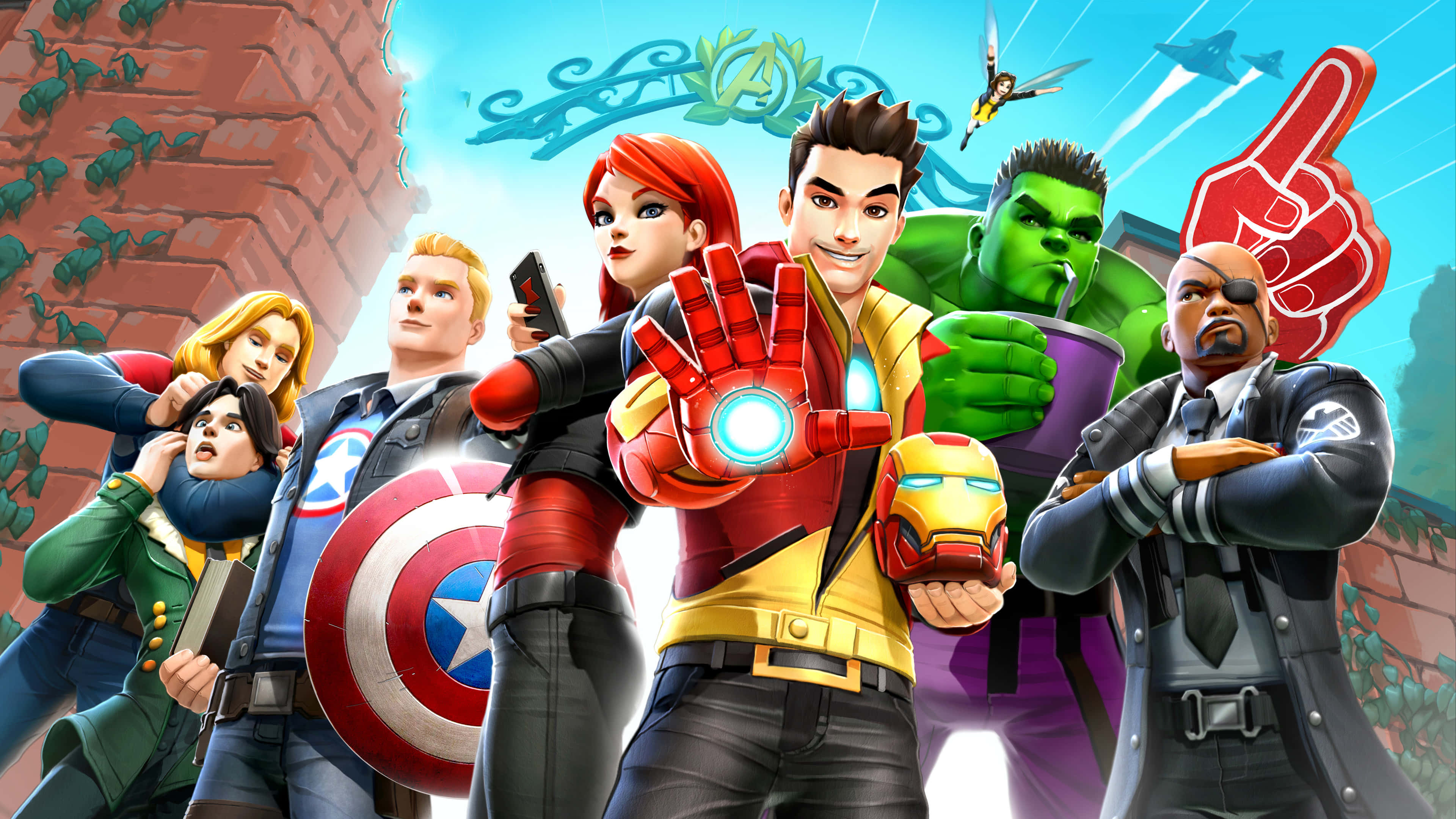 4K Marvel's Avengers 桌布 壁紙 — 一幅充滿活力的數位藝術插圖，復仇者聯盟角色在磚砌小巷中英勇擺姿勢，上方有超級英雄標誌。