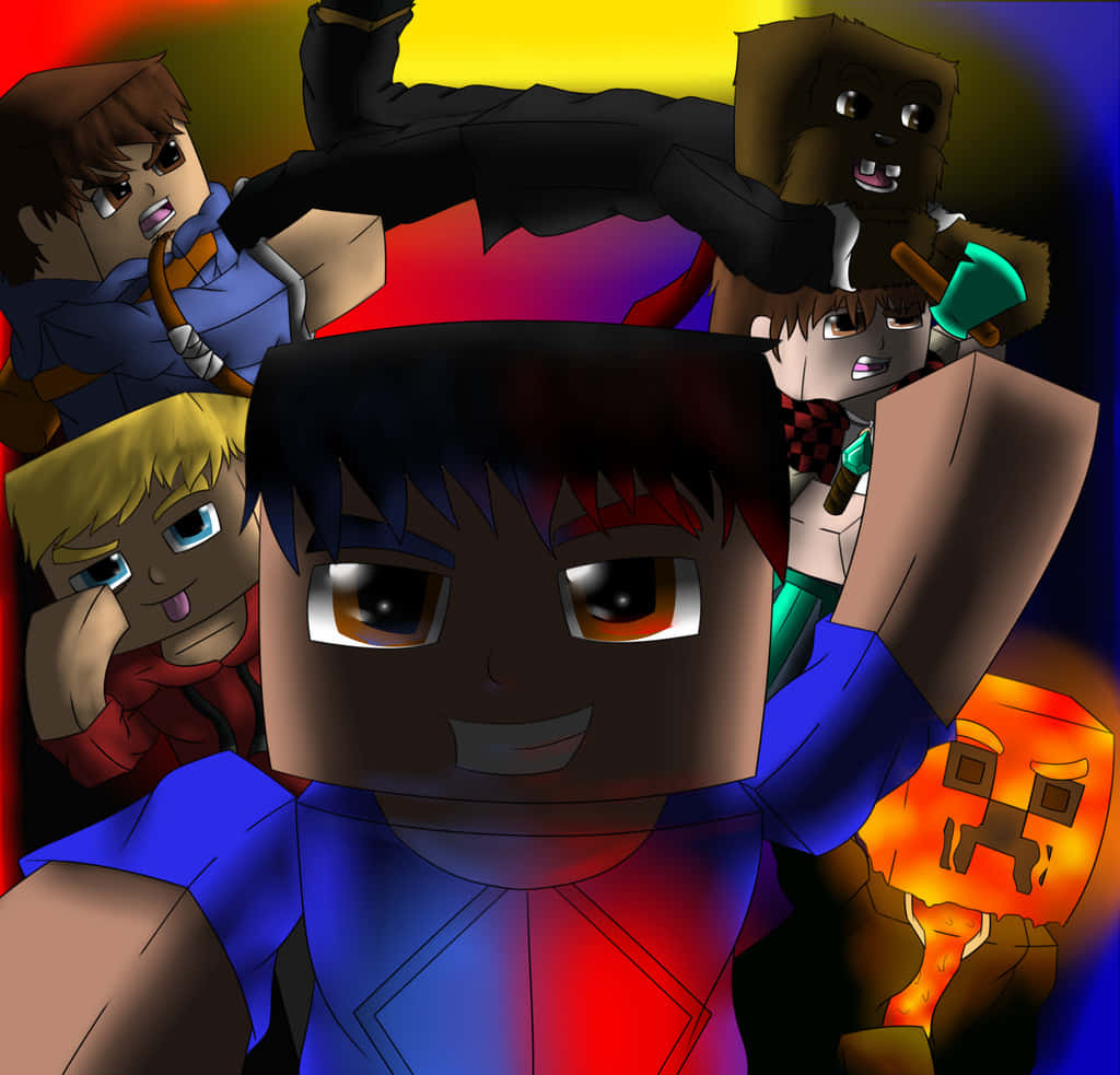Minecraft Youtubers 桌布 壁紙 — 一幅充滿活力的數位藝術插圖，描繪了方塊狀的動漫角色，帶有發光的眼睛和色彩繽紛的燈光。