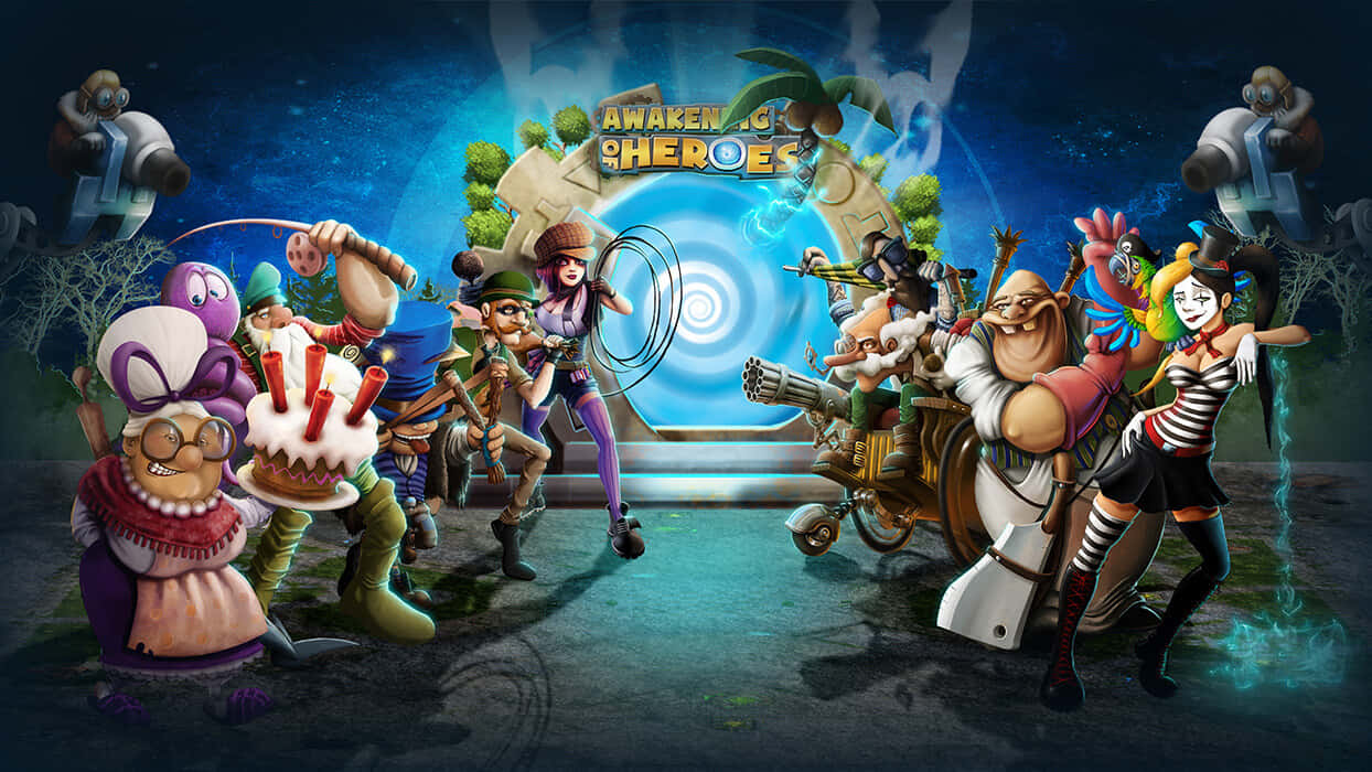 Moba Games 桌布 壁紙 — 一幅充滿活力的數位藝術插圖，描繪了各種卡通英雄和反派聚集在一個發光的傳送門周圍，上面有一個生日蛋糕。