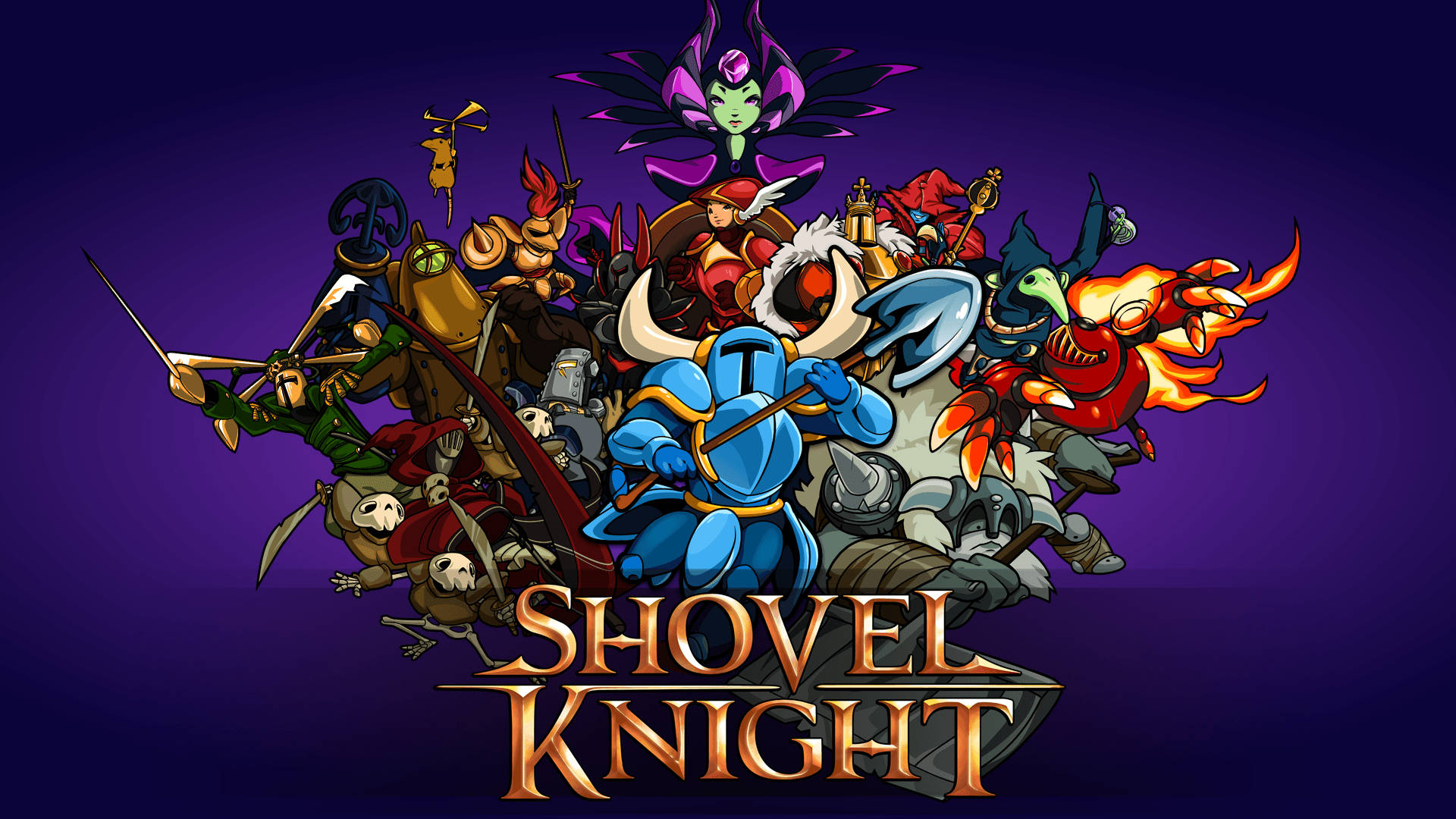 Shovel 桌布 壁紙 — 一幅充滿活力的數位藝術插圖，描繪了Shovel Knight和他多樣化的色彩繽紛遊戲角色陣容，背景為深紫色。
