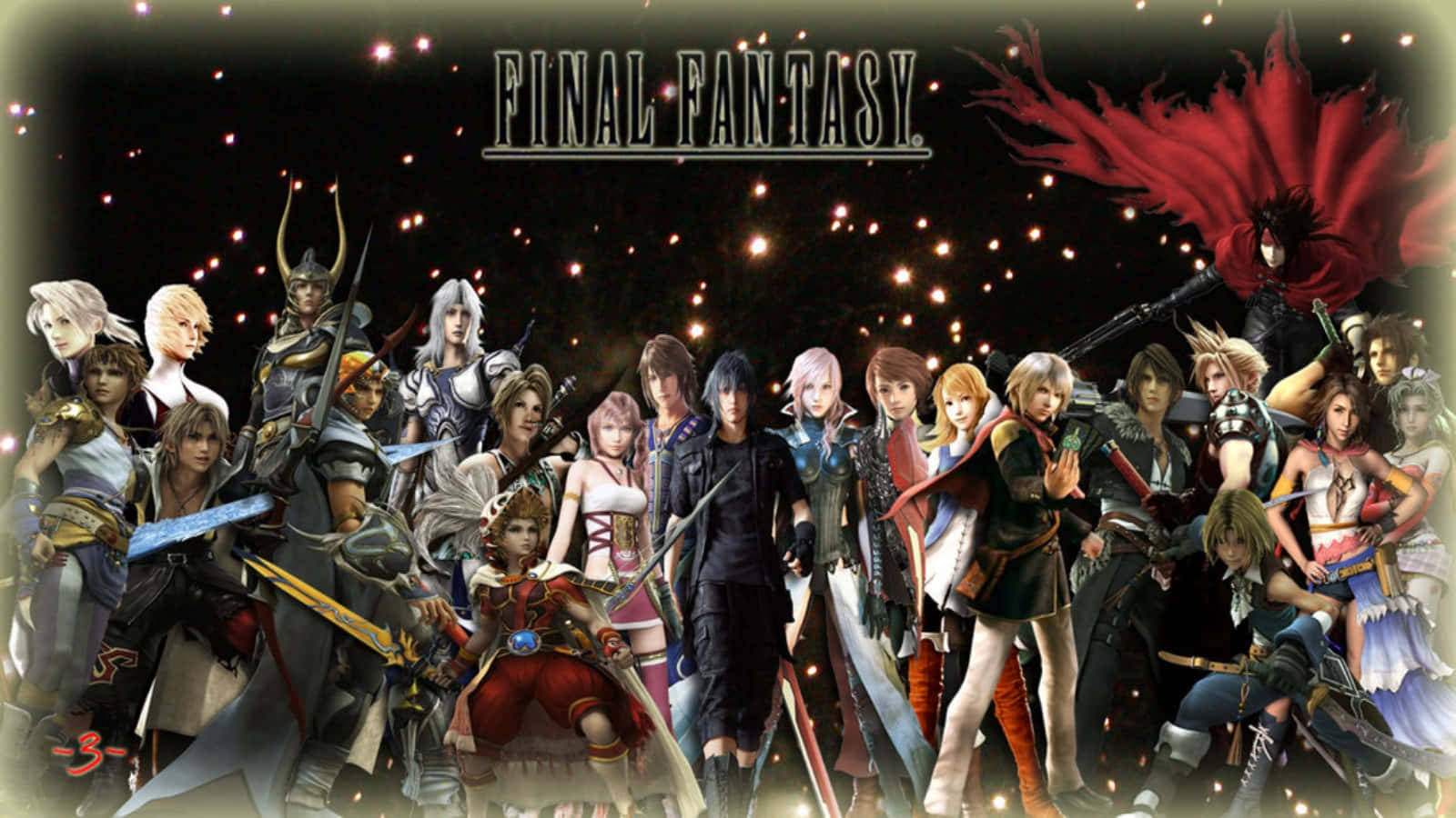 Final Fantasy Characters 桌布 壁紙 — 一幅充滿活力的數位藝術桌布，描繪了標誌性的Final Fantasy角色在星光燦爛的夜空下英勇站立，伴隨著發光的粒子。