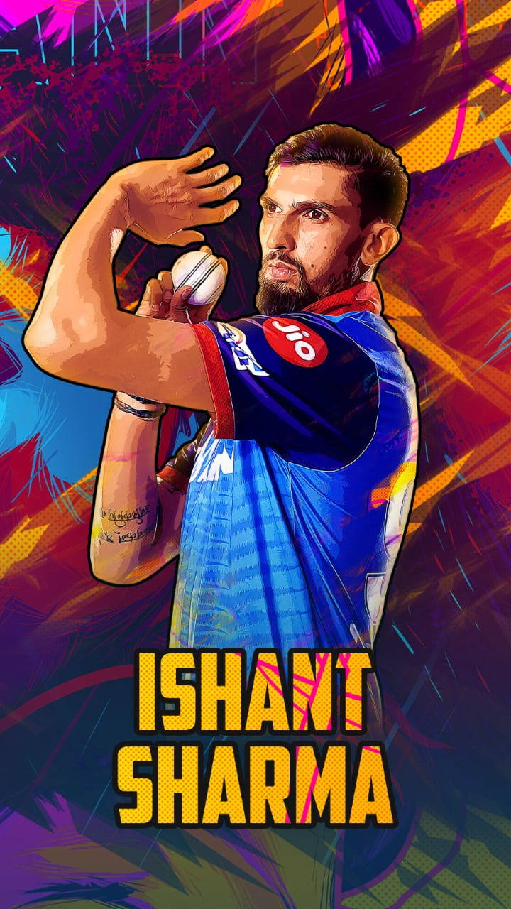 Delhi Capitals 桌布 壁紙 — 一幅充滿活力的數位藝術肖像，描繪板球運動員Ishant Sharma在色彩繽紛的抽象背景下進行投球動作。