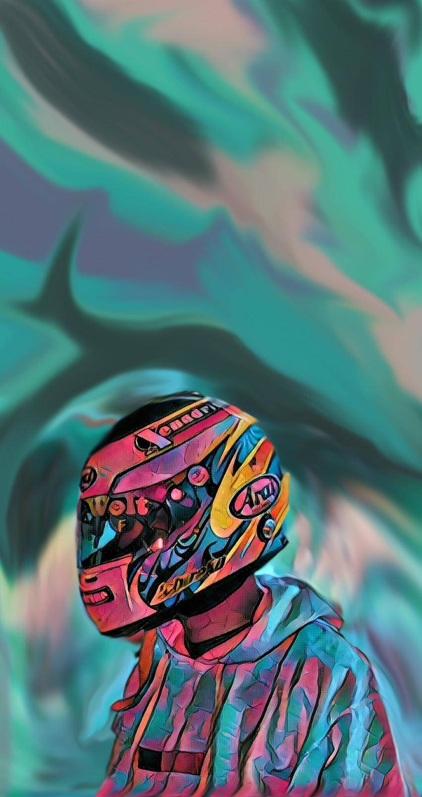 Frank Ocean 桌布 壁紙 — 一幅充滿活力的數位藝術肖像，描繪一位賽車手戴著色彩繽紛的頭盔，背景是旋轉的藍綠色和紫色抽象圖案。