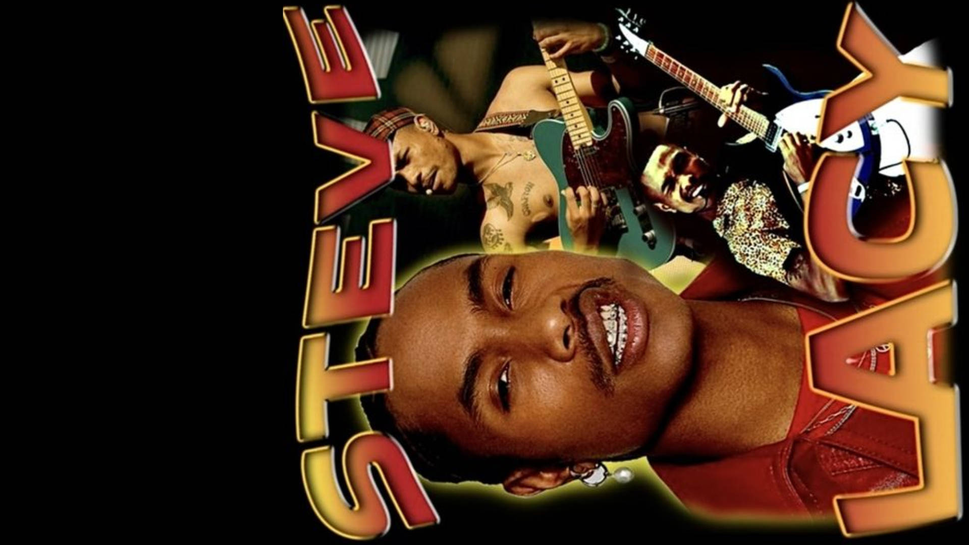 Steve Lacy 桌布 壁紙 — 一幅充滿活力的數位藝術肖像，描繪Steve Jacy與吉他及大膽風格文字，背景為深色。