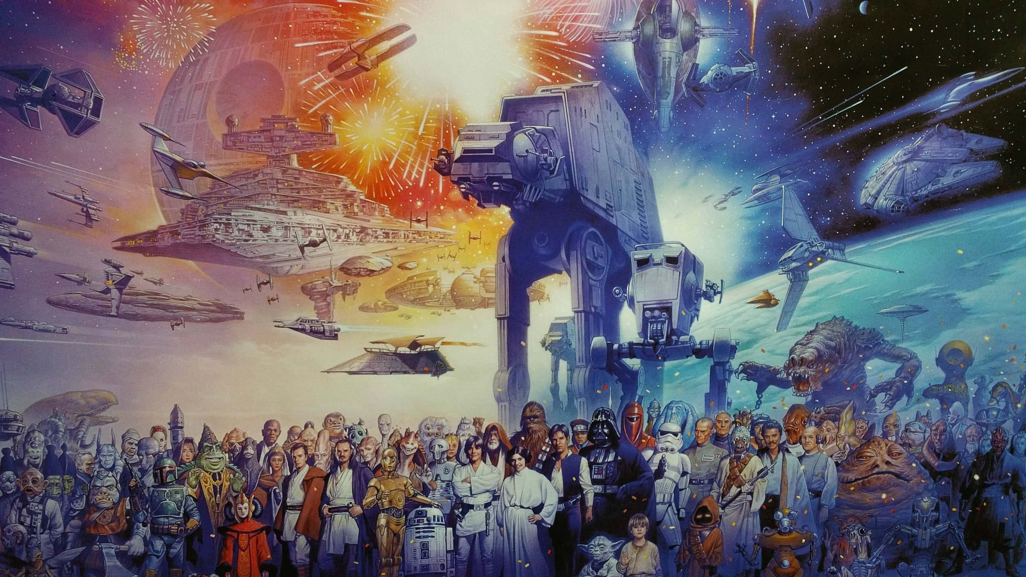 Star Wars Characters 桌布 壁紙 — 一幅充滿活力的星際大戰宇宙拼貼畫，以煙火為背景，展現標誌性角色和太空船。