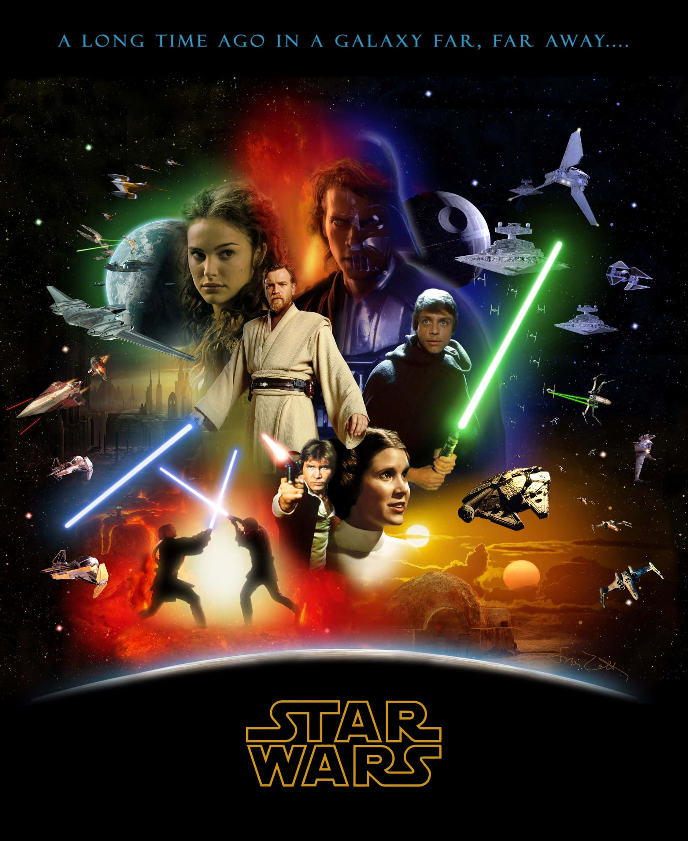 Star Wars Characters 桌布 壁紙 — 一幅充滿活力的星際大戰拼貼畫，以標誌性角色、光劍和太空船為特色，背景是宇宙中的行星和星域。