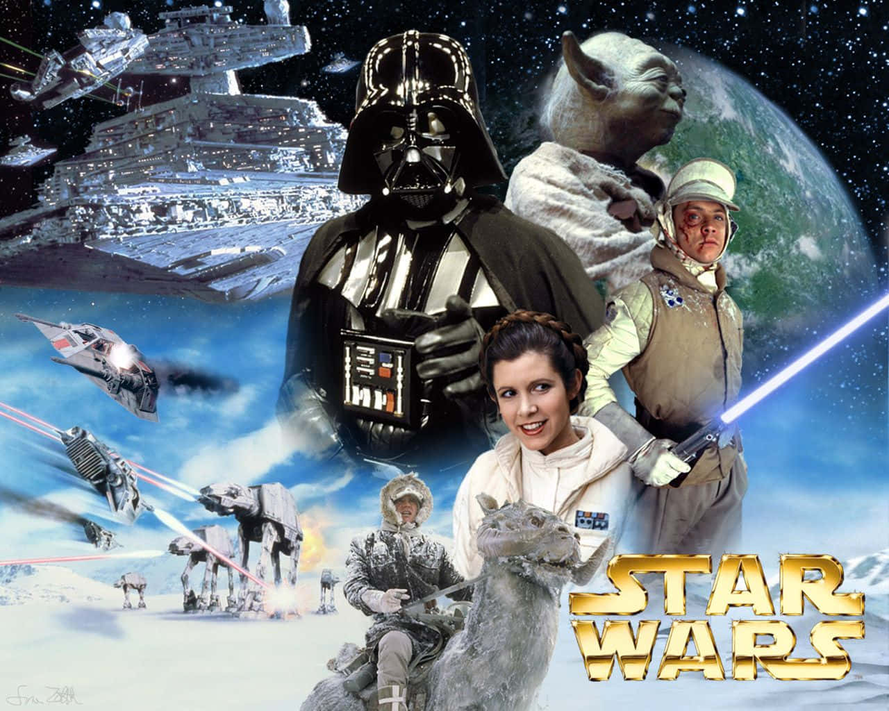 Star Wars Characters 桌布 壁紙 — 一幅充滿活力的星際大戰角色和場景拼貼畫，包括黑武士、尤達、路克·天行者、莉亞公主和 AT-AT 步行機，背景是星空。