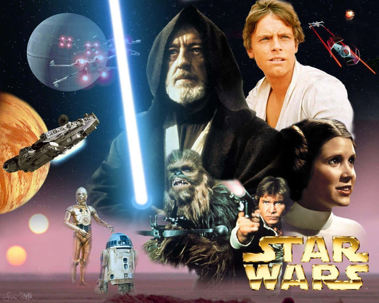 Star Wars Characters 桌布 壁紙 — 一幅充滿活力的星際大戰角色和太空船拼貼畫，背景是宇宙背景，有行星和星艦。