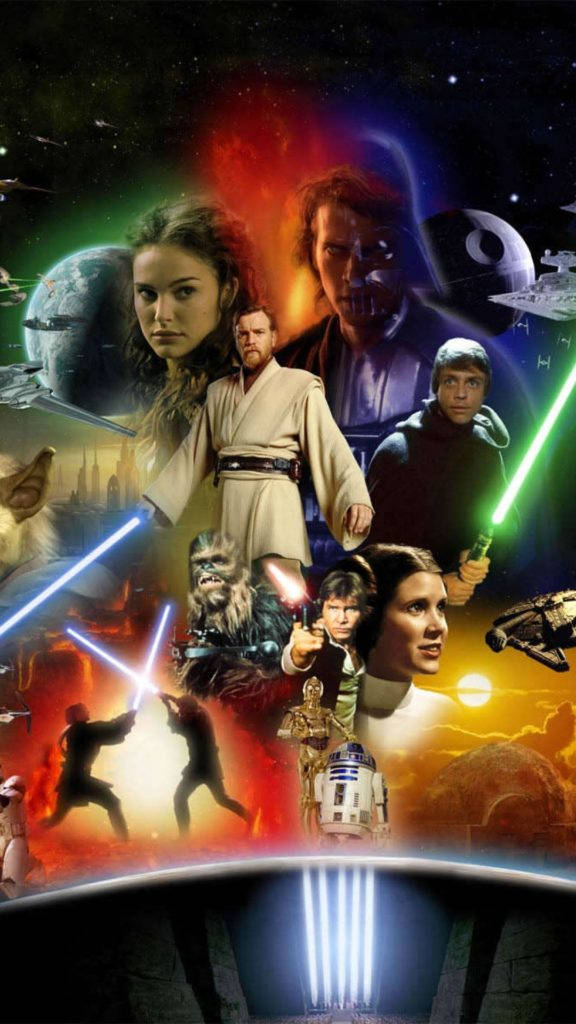 Epic Star Wars 桌布 壁紙 — 一幅充滿活力的星際大戰角色和太空船拼貼畫，以發光光劍和行星為背景。