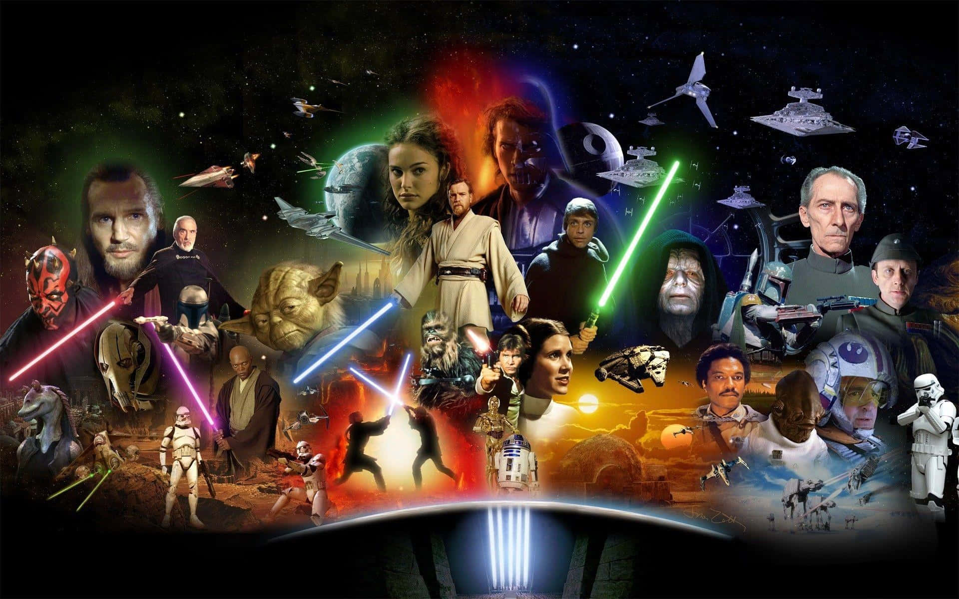 Star Wars Characters 桌布 壁紙 — 一幅充滿活力的星際大戰角色和太空船拼貼畫，背景是宇宙，帶有發光的光劍和星艦。