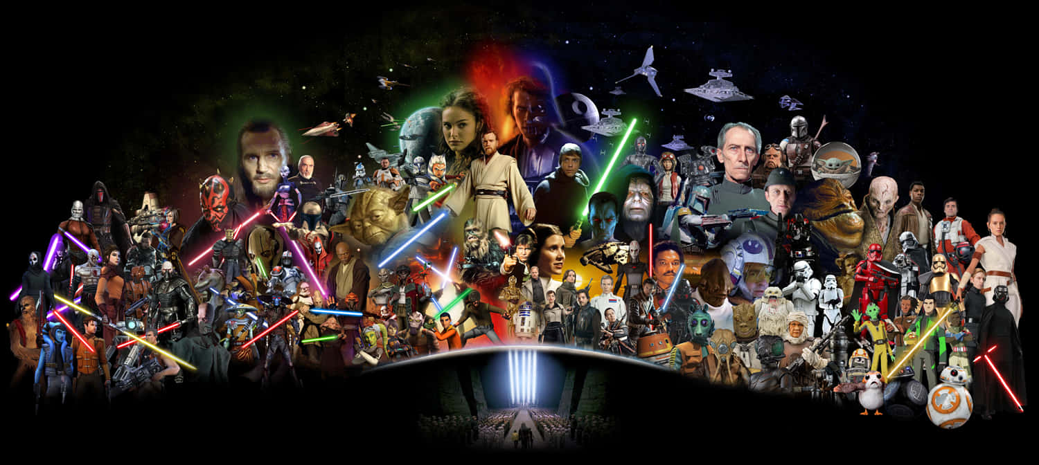 Star Wars Characters 桌布 壁紙 — 一幅充滿活力的星際大戰角色拼貼畫，他們在宇宙背景下揮舞著彩色光劍，背景有星艦和一顆發光的行星。