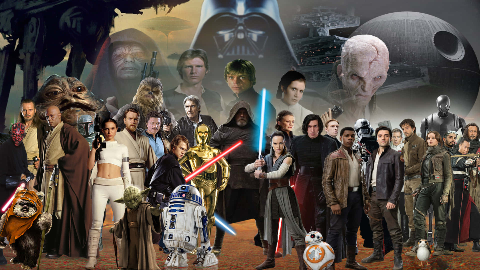 Star Wars Characters 桌布 壁紙 — 一幅充滿活力的星際大戰角色拼貼畫，包括達斯維達、R2-D2和BB-8，站在死星和太空場景的背景前。