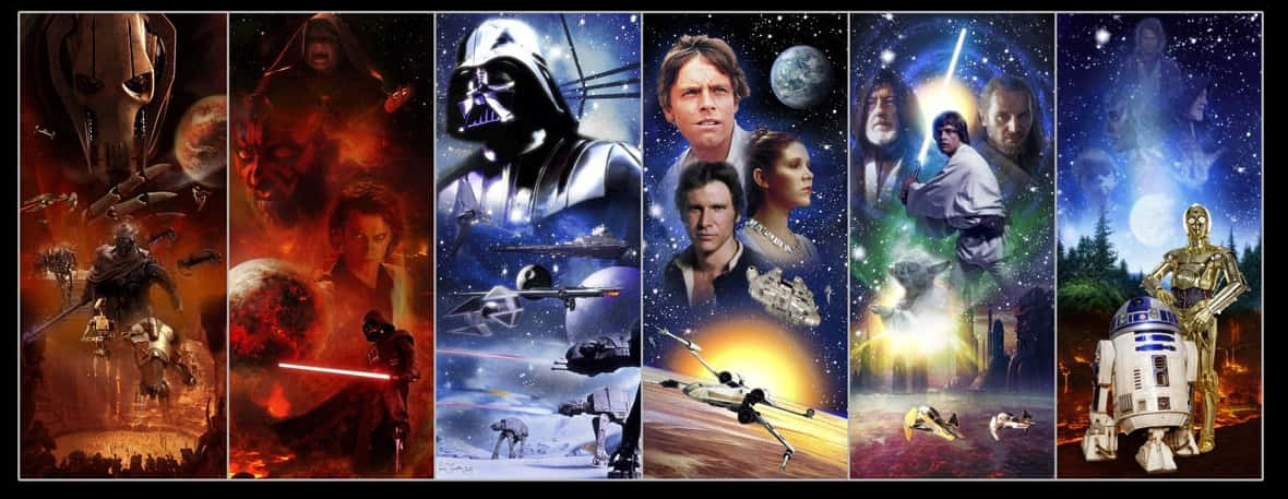 Star Wars Characters 桌布 壁紙 — 一幅充滿活力的星際大戰角色與場景拼貼畫，涵蓋熾熱行星、星域和太空戰鬥。