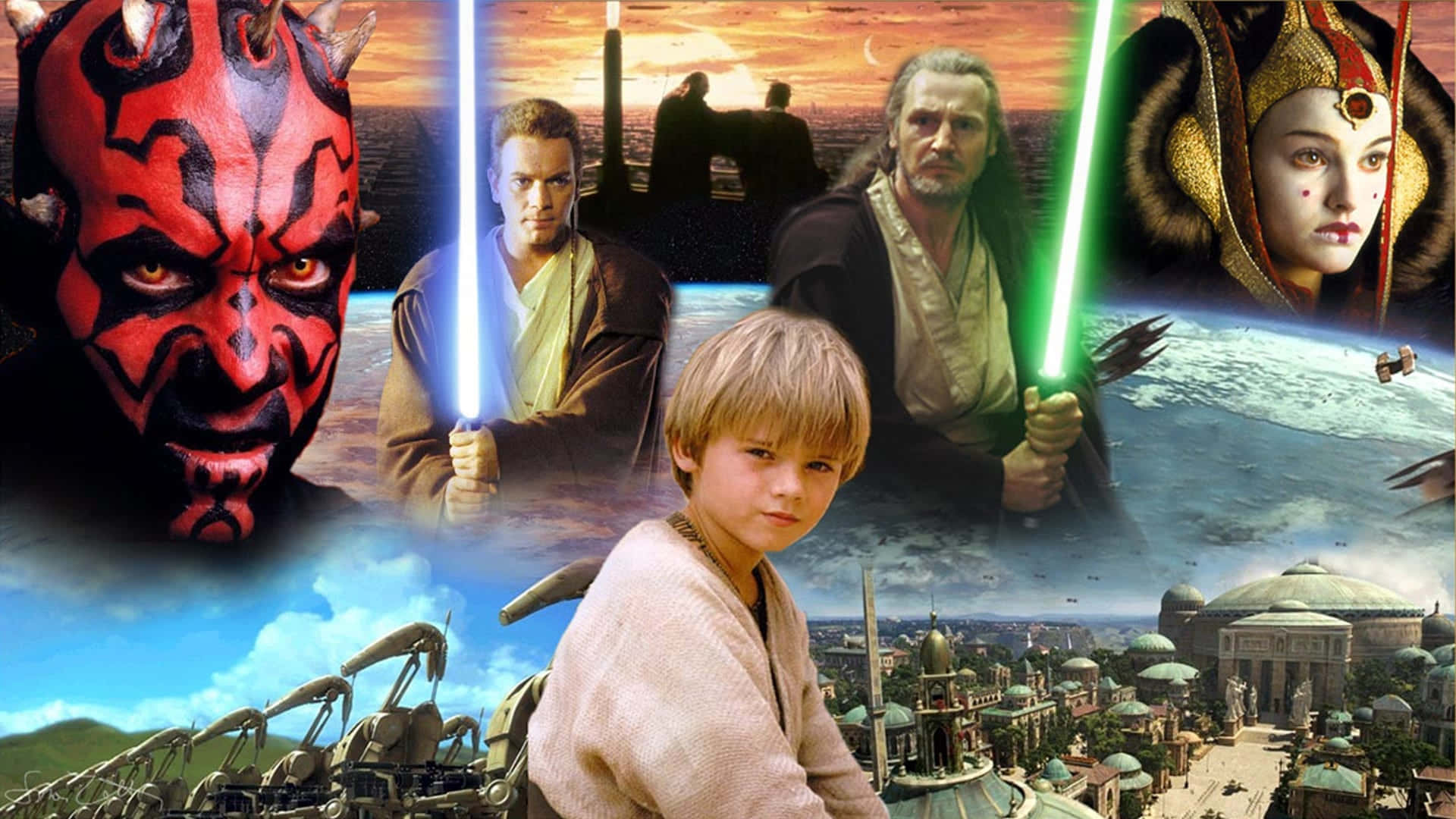 The Phantom Menace 桌布 壁紙 — 一幅充滿活力的星際大戰角色與場景拼貼畫，包括達斯·摩爾、安納金·天行者、歐比王·肯諾比、佩咪·艾米達拉和一個小男孩，背景是外星景觀和未來城市。