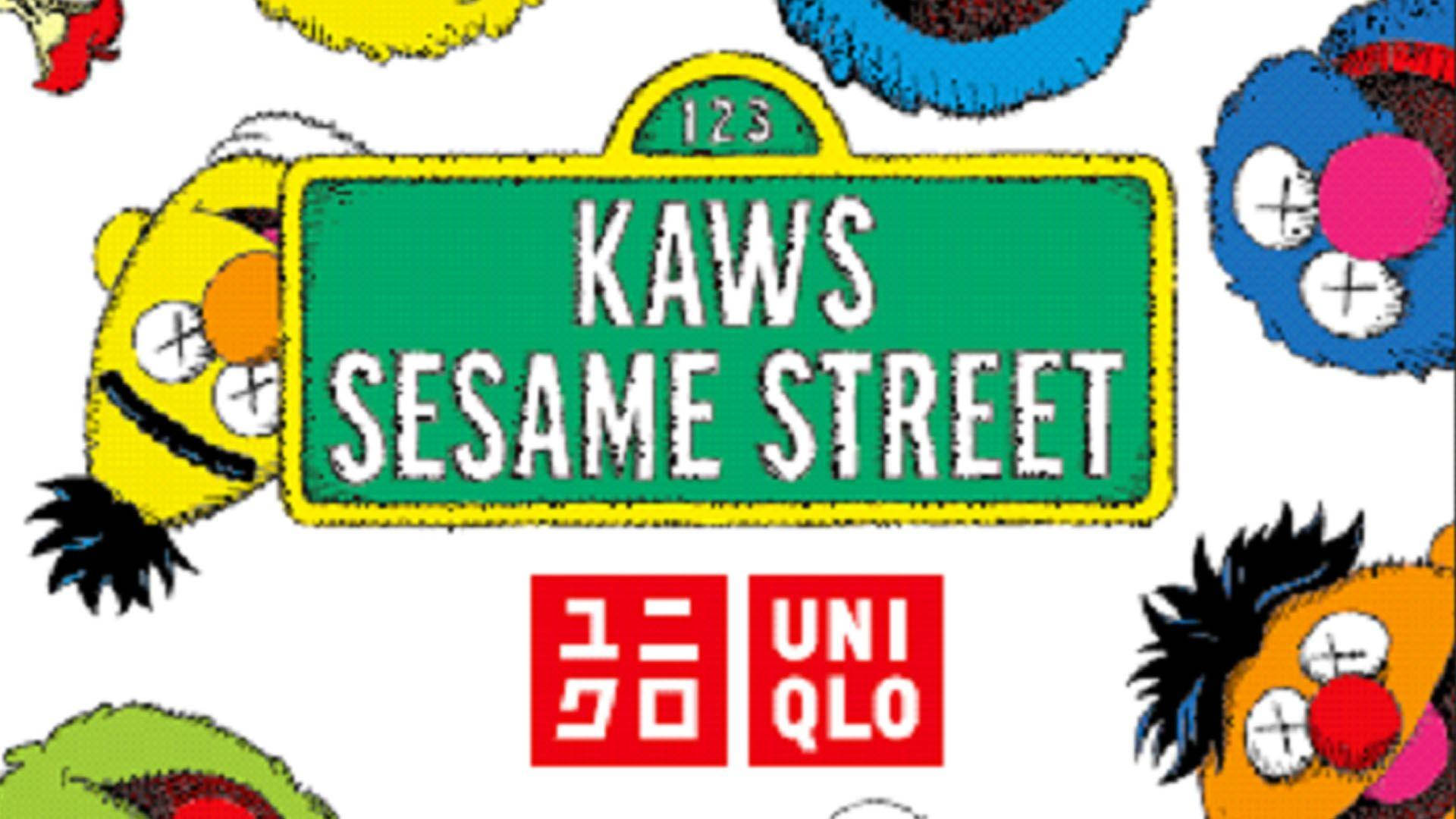 Uniqlo 桌布 壁紙 — 一幅充滿活力的普普藝術拼貼畫，以KAWS重新想像的芝麻街角色圍繞著帶有Uniqlo品牌的綠色路牌。