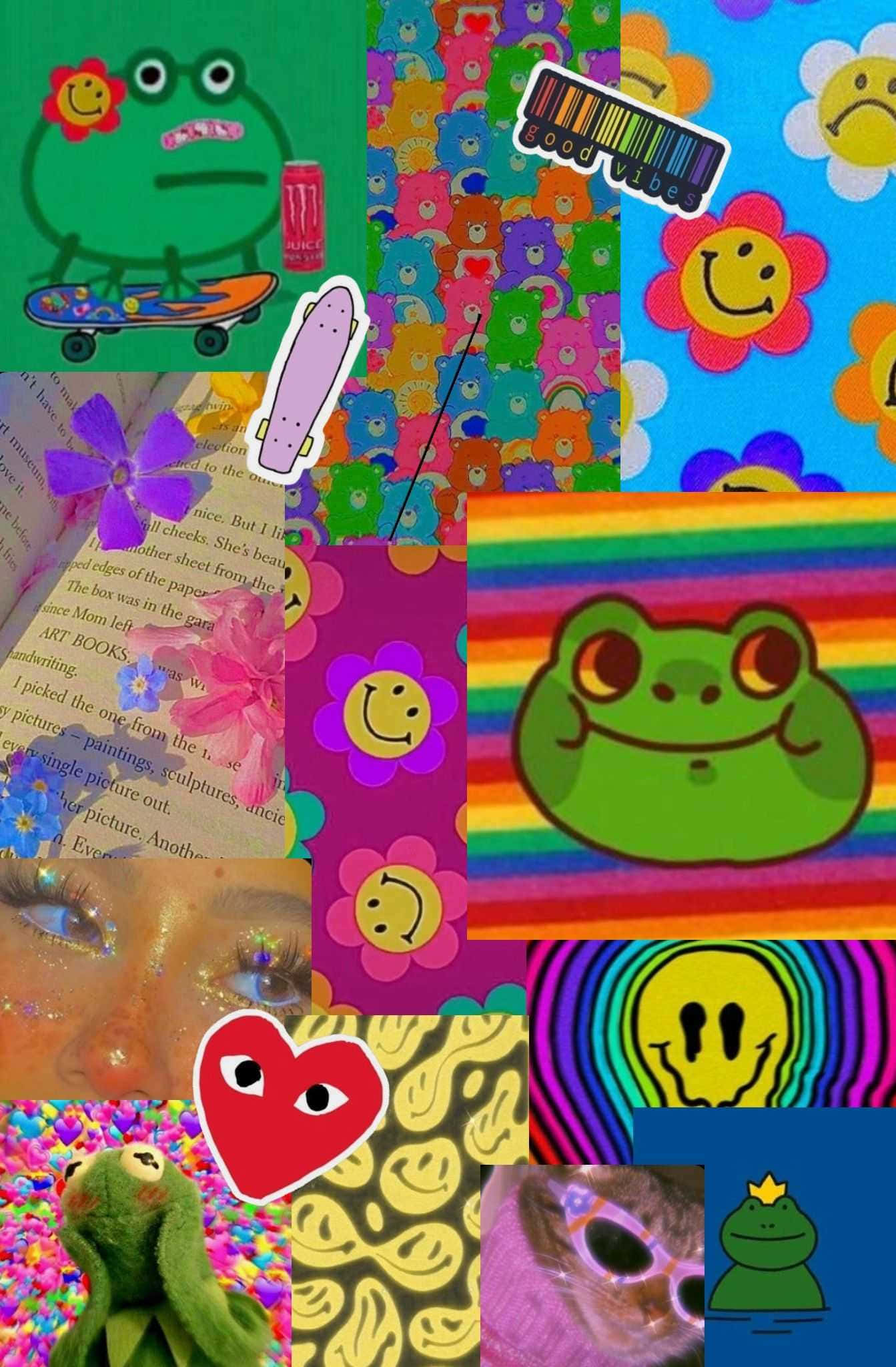 獨立 桌布 壁紙 — 一幅充滿活力的普普藝術拼貼畫，以微笑的青蛙、彩虹條紋、笑臉花和閃爍的眼睛為特色，背景色彩繽紛。