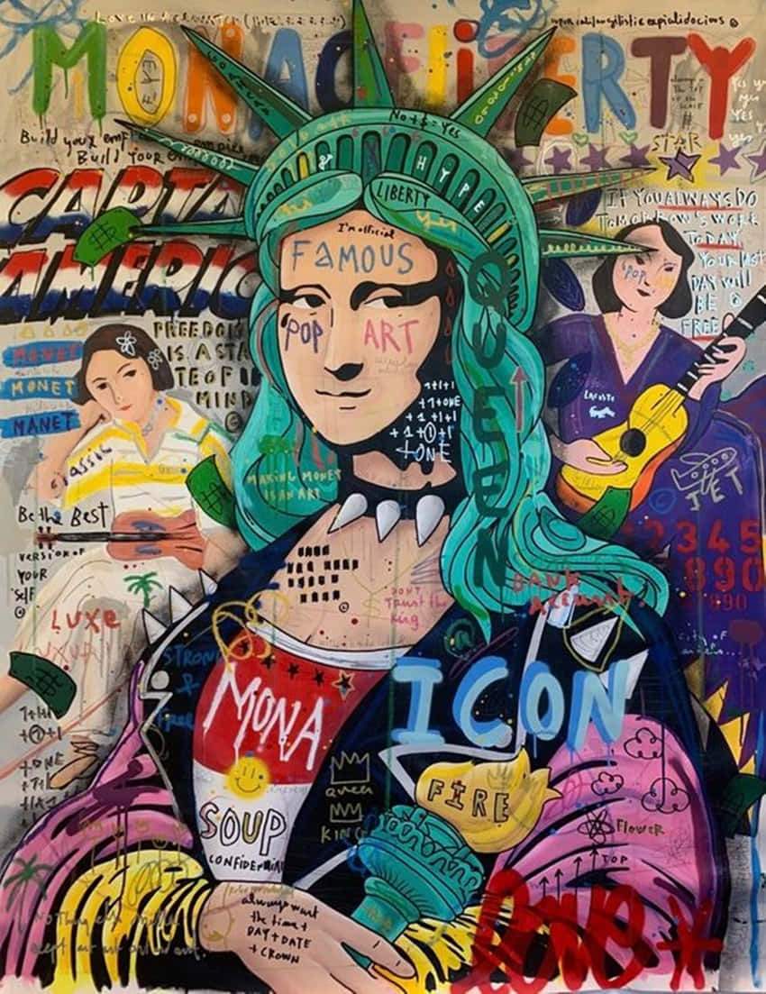 Painting 桌布 壁紙 — 一幅充滿活力的普普藝術拼貼畫，以風格化的自由女神像為特色，她擁有綠松石色的頭髮，周圍環繞著文字塗鴉和文化圖標。