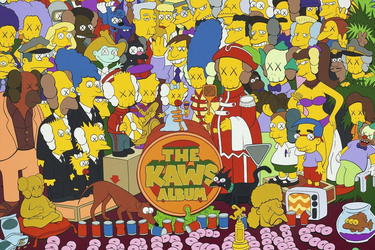 kaws pc 桌布 壁紙 — 一幅充滿活力的普普藝術拼貼畫，將《辛普森家庭》角色與KAWS標誌性的X眼睛風格及玩味混亂融為一體。