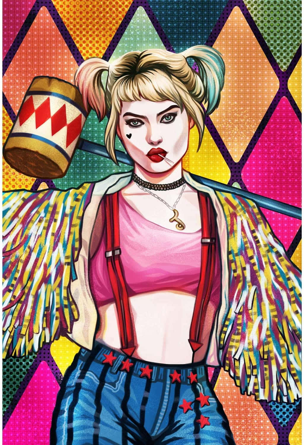 Harley Quinn Hammer 桌布 壁紙 — 一幅充滿活力的普普藝術插圖，描繪哈莉·奎茵在色彩繽紛的幾何背景前手持大錘。