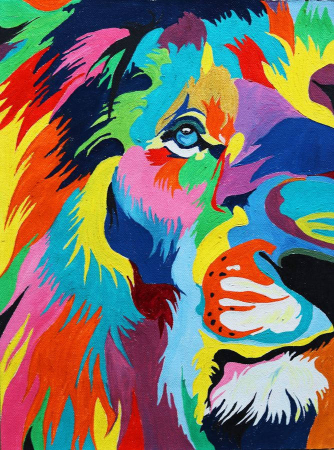 Lion Head 桌布 壁紙 — 一幅充滿活力的普普藝術獅子頭畫作，帶有電光彩虹色和大膽的筆觸。