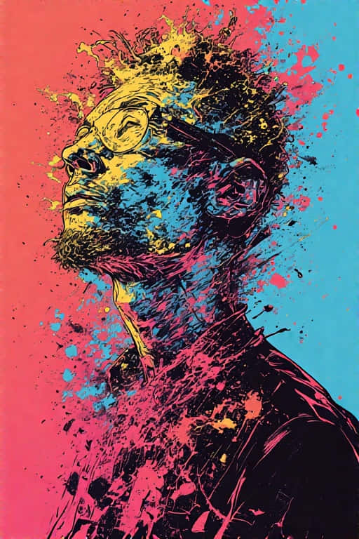 Bold Pop Art Comic Wallpaper 壁紙 — 一幅充滿活力的普普藝術肖像，描繪一個側面男子，他的頭部爆發出大膽的黃色、藍色和粉紅色油漆飛濺，背景為紅藍分割。