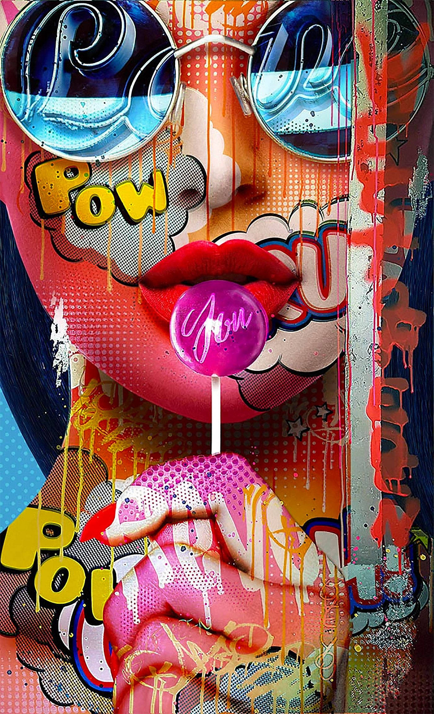 pop 桌布 壁紙 — 一幅充滿活力的普普藝術肖像，描繪一位戴著超大太陽眼鏡、手持粉紅色棒棒糖的女性，散發著漫畫般的能量。