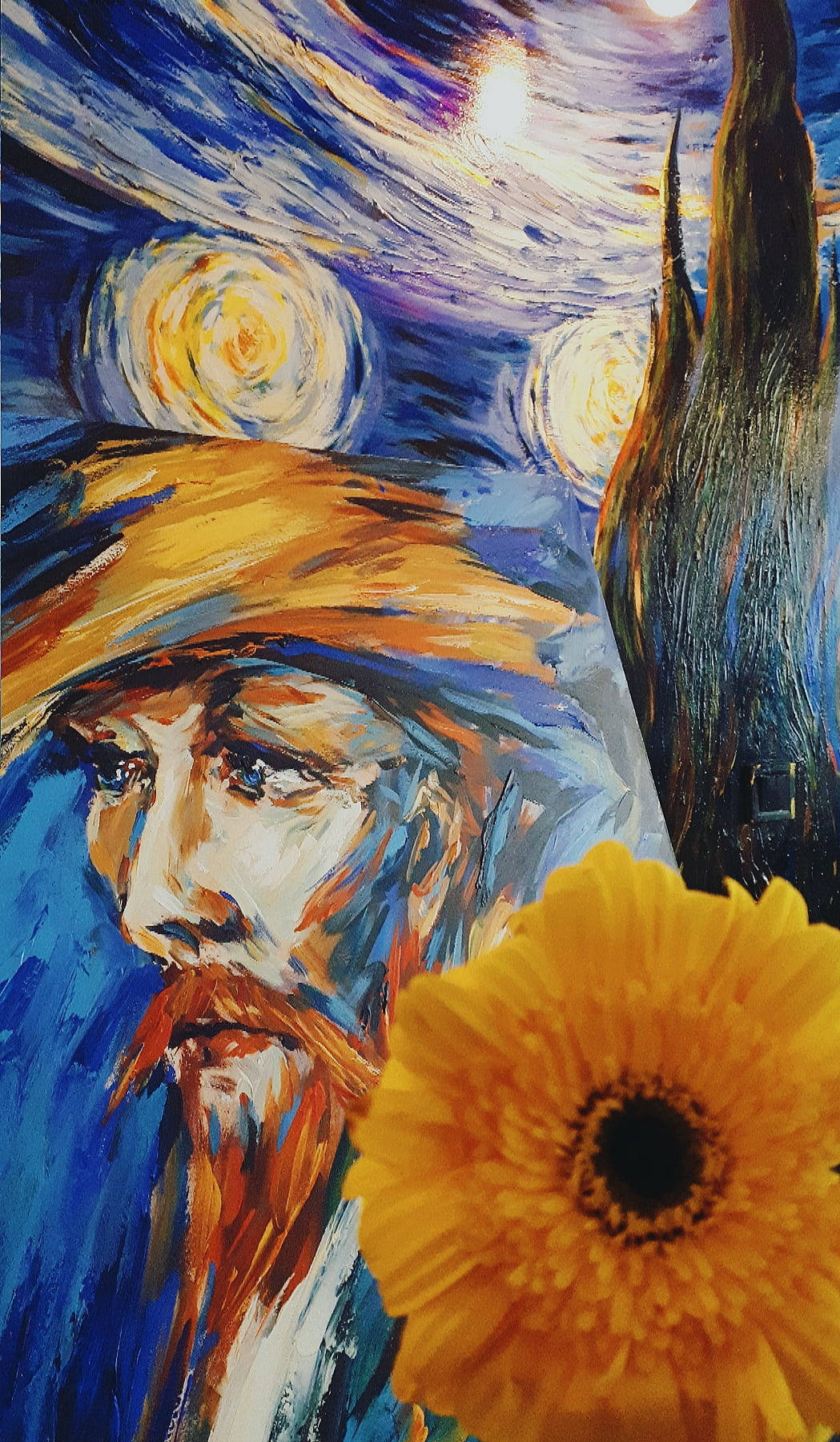 梵谷肖像，帶有旋轉的星星和一朵黃色花朵。