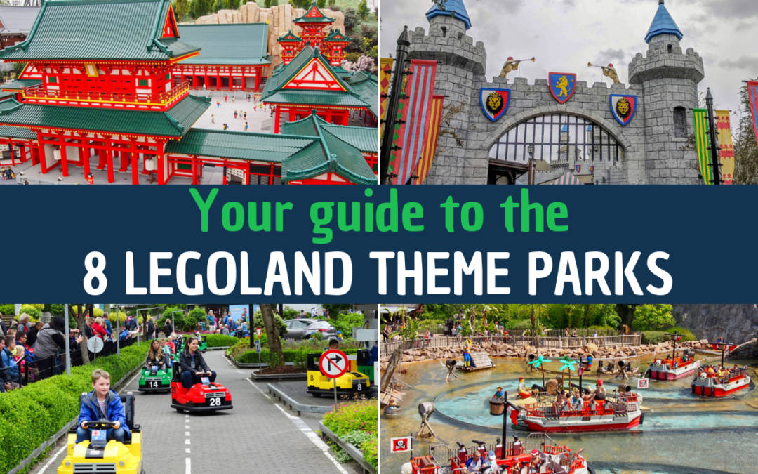 Legoland 桌布 壁紙 — 一幅充滿活力的樂高樂園景點拼貼畫， featuring 日本風格寺廟、紅色城堡大門、迷你汽車和海盜船遊樂設施。