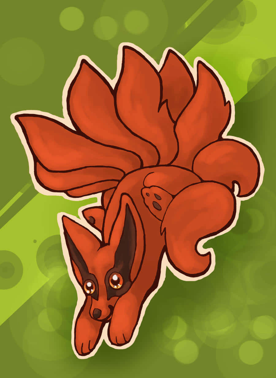 Baby Kurama 桌布 壁紙 — 一幅充滿活力的橙色九尾狐插圖，有著大大的、富有表現力的眼睛，背景是柔和的綠色散景。