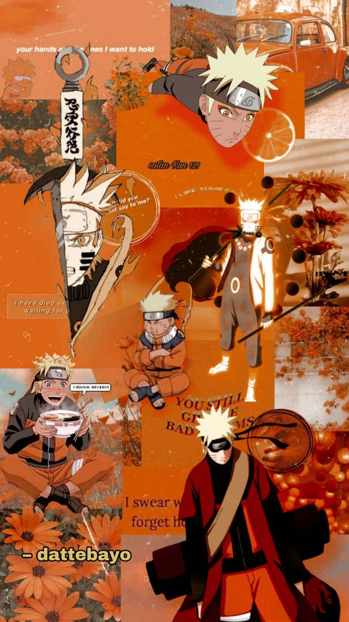 Anime Collage 桌布 壁紙 — 一幅充滿活力的橙色動漫拼貼畫，以秋季背景為襯托，描繪了多個不同姿勢和服裝的漩渦鳴人。