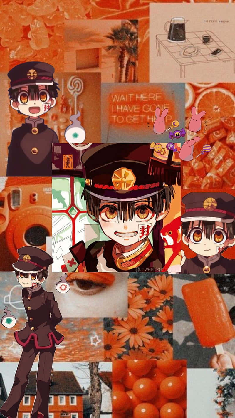 桌布 壁紙 — 一幅充滿活力的橙色調拼貼畫， featuring 穿著制服的動漫角色、棕櫚樹、柑橘類水果和流行文化元素。