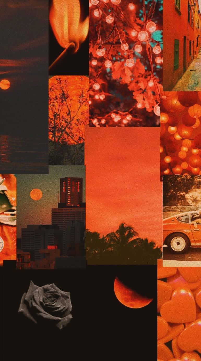 Orange Aesthetic Phone 桌布 壁紙 — 一幅充滿活力的橙色調拼貼畫，包含火焰、月光下的場景、城市景觀、玫瑰和發光的燈光，構成夢幻般的抽象構圖。