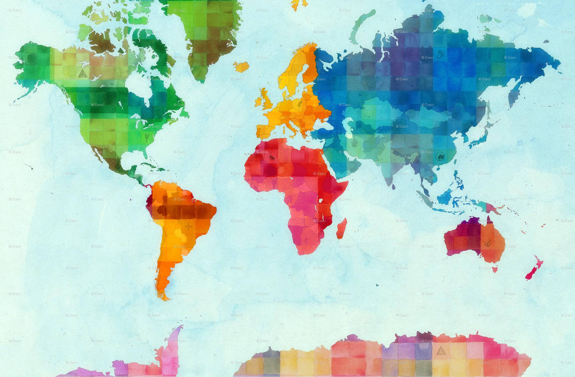 World 桌布 壁紙 — 一幅充滿活力的水彩世界地圖，大陸以彩色像素塊繪製在柔和的藍色背景上。