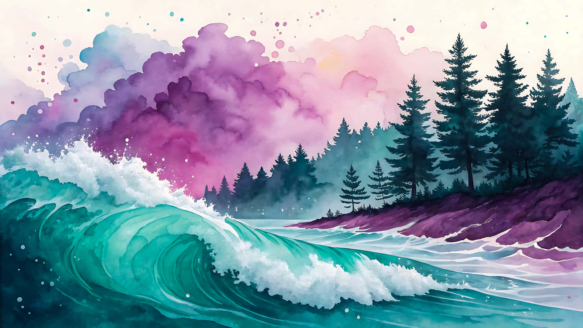 Vibrant ocean wave crashing near a forest in watercolor painting 壁紙 — 一幅充滿活力的水彩場景，描繪在粉紅色和紫色的天空下，綠松石色的海浪拍打著長滿深色松樹的紫色懸崖。