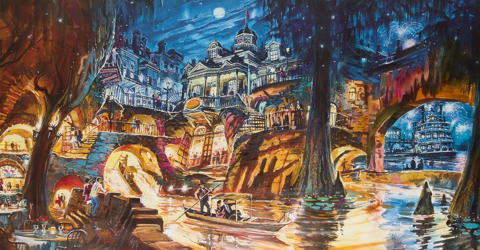 french 桌布 壁紙 — 一幅充滿活力的水彩夜景，描繪繁華的河邊小鎮，有發光的建築物、煙火，以及人們在星空下享受船隻和露台。