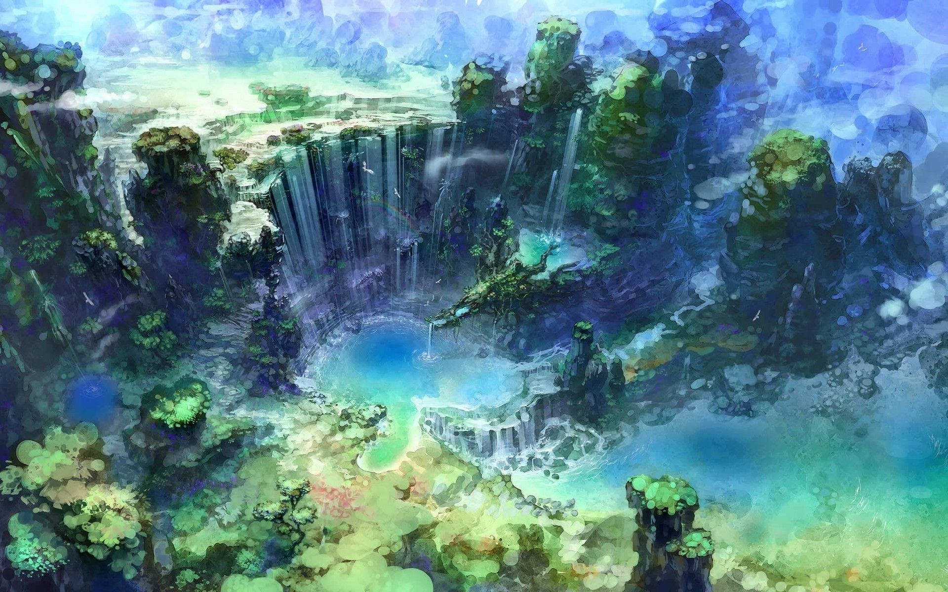 一個夢幻般的水彩場景，瀑布流入翠綠峽谷中一個發光的藍色水池。