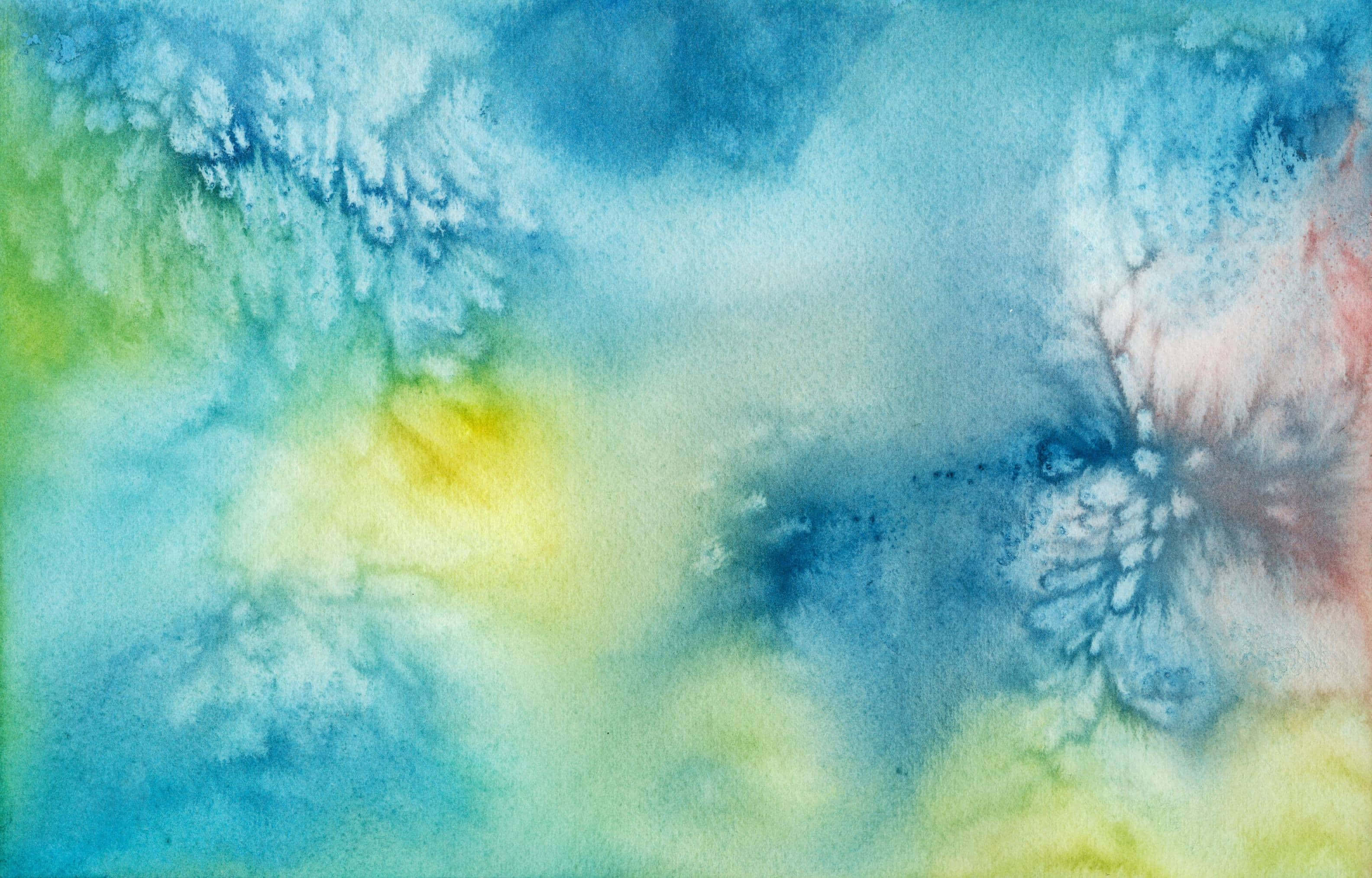 Watercolor 桌布 壁紙 — 一幅充滿活力的水彩抽象畫，帶有旋轉的藍色、綠色、黃色和淡淡的粉紅色，營造出夢幻飄渺的效果。