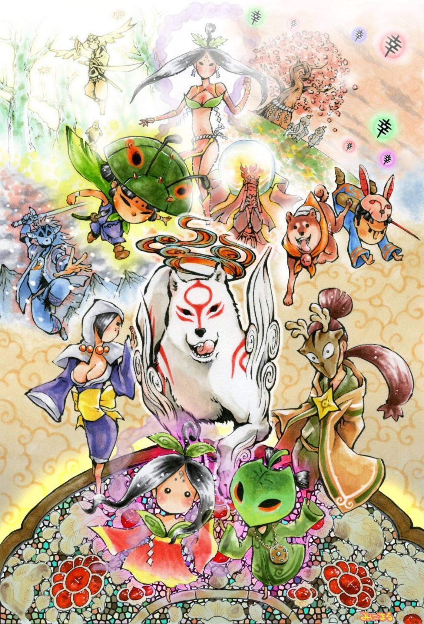 Okami 桌布 壁紙 — 一幅充滿活力的水彩插圖，中央是一隻白色狐仙，周圍環繞著各種神話生物和角色，營造出夢幻般的奇幻場景。