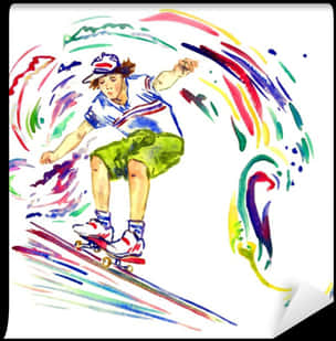 藝術 桌布 壁紙 — 一幅充滿活力的水彩插圖，描繪一名滑板手正在進行技巧動作，周圍環繞著旋轉的彩虹運動線條。