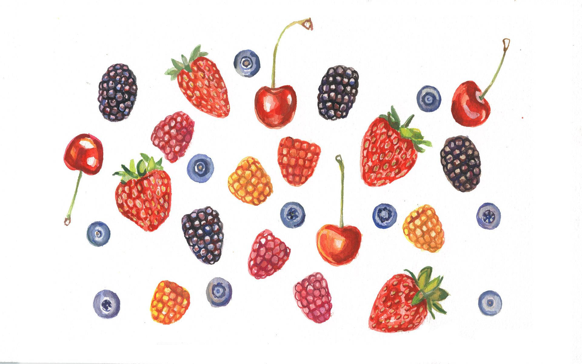 Strawberry Aesthetic 桌布 壁紙 — 一幅充滿活力的水彩插圖，描繪了各種漿果散落在潔淨的白色背景上。