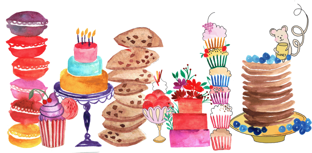 Desserts 桌布 壁紙 — 一幅充滿活力的水彩插圖，描繪了各種甜點，包括蛋糕、杯子蛋糕、餅乾和鬆餅，以色彩繽紛的堆疊方式排列。