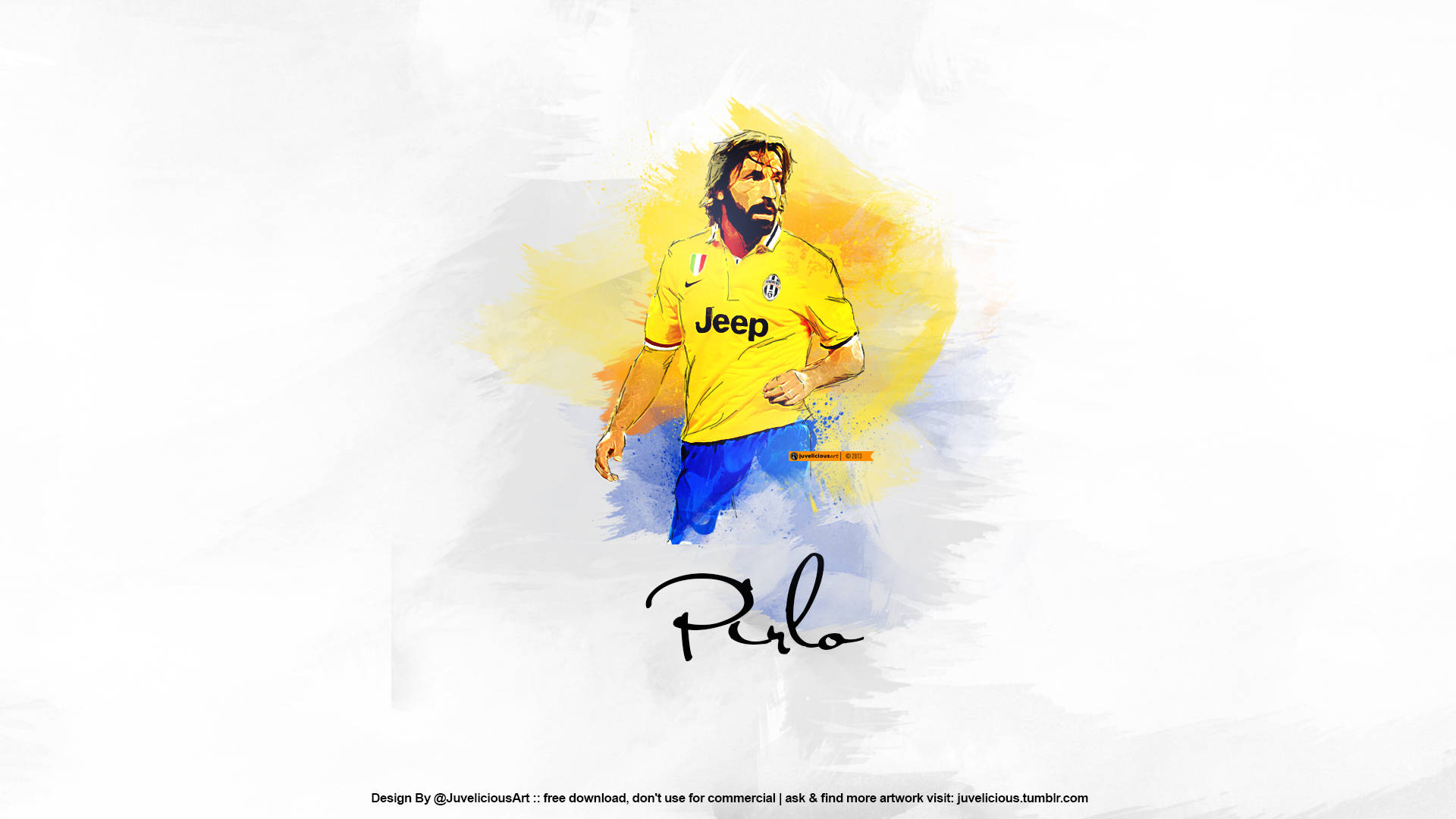 andrea pirlo 桌布 壁紙 — 一幅充滿活力的水彩插圖，描繪了足球員皮爾洛身穿黃色尤文圖斯球衣，背景柔和抽象。